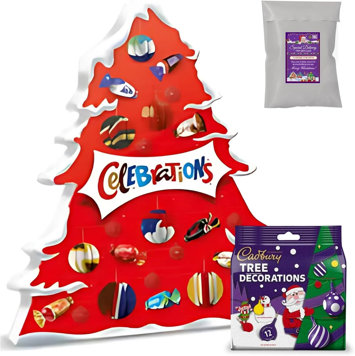 Chocolate Advent Calendar 2024 with Celebrations Chocolate Christmas Tree Advent Calendar 215G and Cadbury Chocolate Tree Decorations 72G Bundle with Fancy Labels Christmas Card image number 2