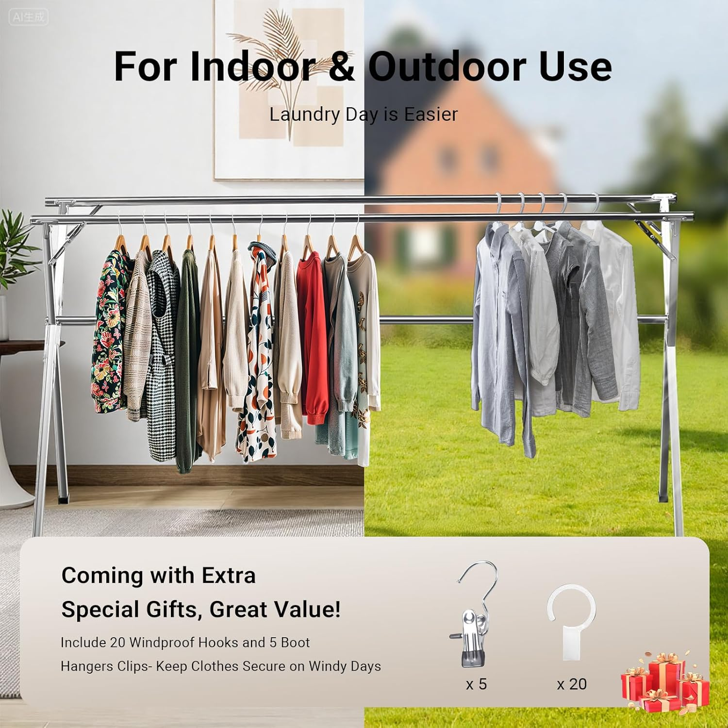 Clothes Drying Rack 95 Inches Folding Outdoor Indoor, Drying Rack Clothing Collapsible, Heavy Duty Stainless Steel Clothesline, with 20 Hooks 5 Clips image number 1