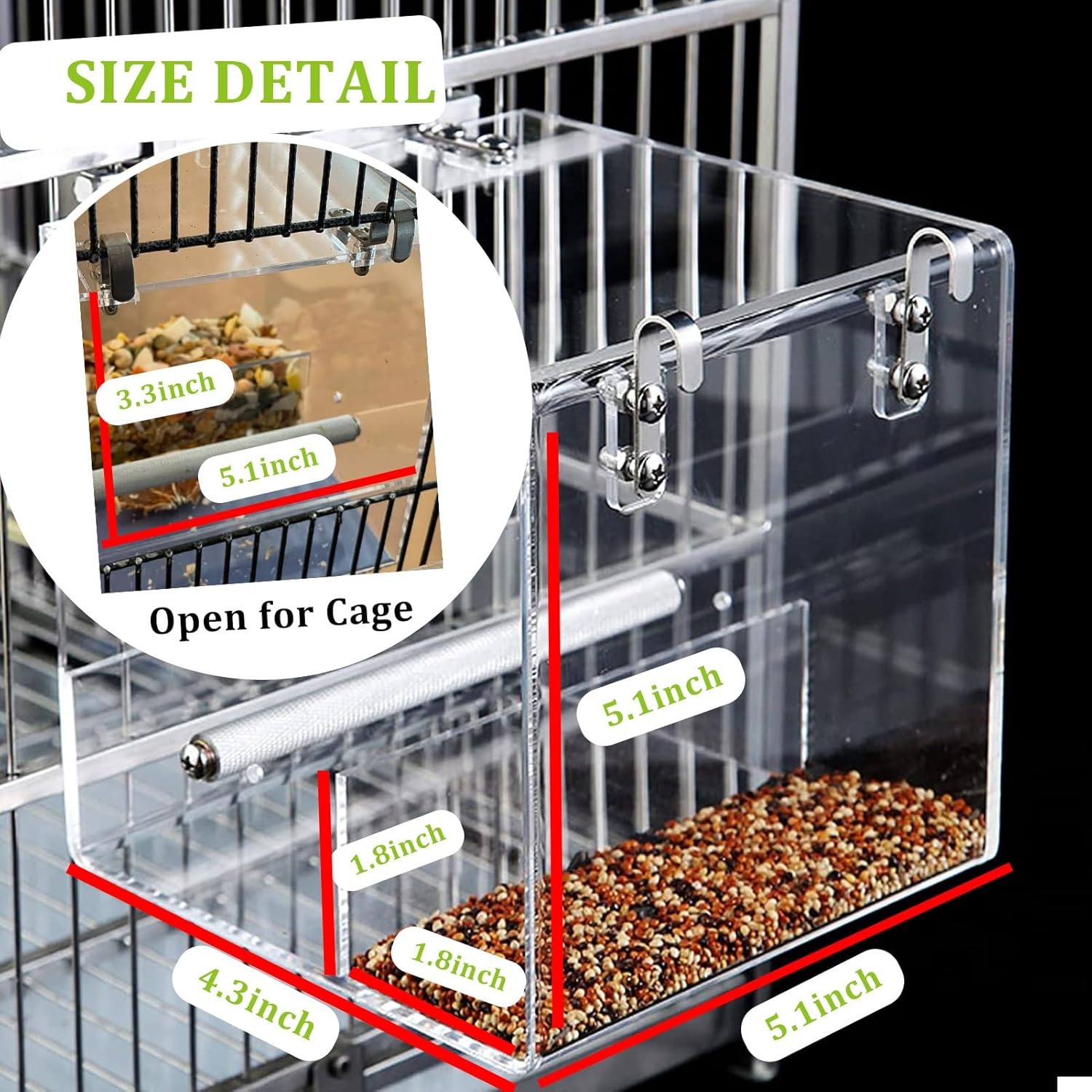 No Mess Bird Feeder for Cage, No Spill Automatic Bird Feeder Clear Window Mess Free Cage Feeder for Parakeet Parrot Cockatiels Lovebirds 5.1Inch image number 1