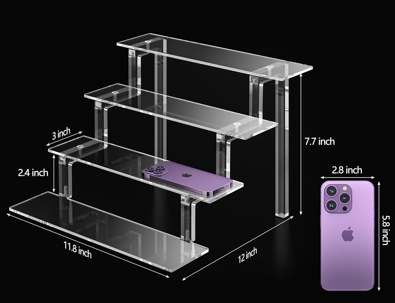 Display Stand, 12&rdquo; Perfume Organizer, Display Risers Acrylic Display Shelf for Perfume Cologne Makeup, Clear Acrylic Shelves, 4 Tier Acrylic Risers Cologne Stand for Wedding Party Birthday (1 Pack) image number 2