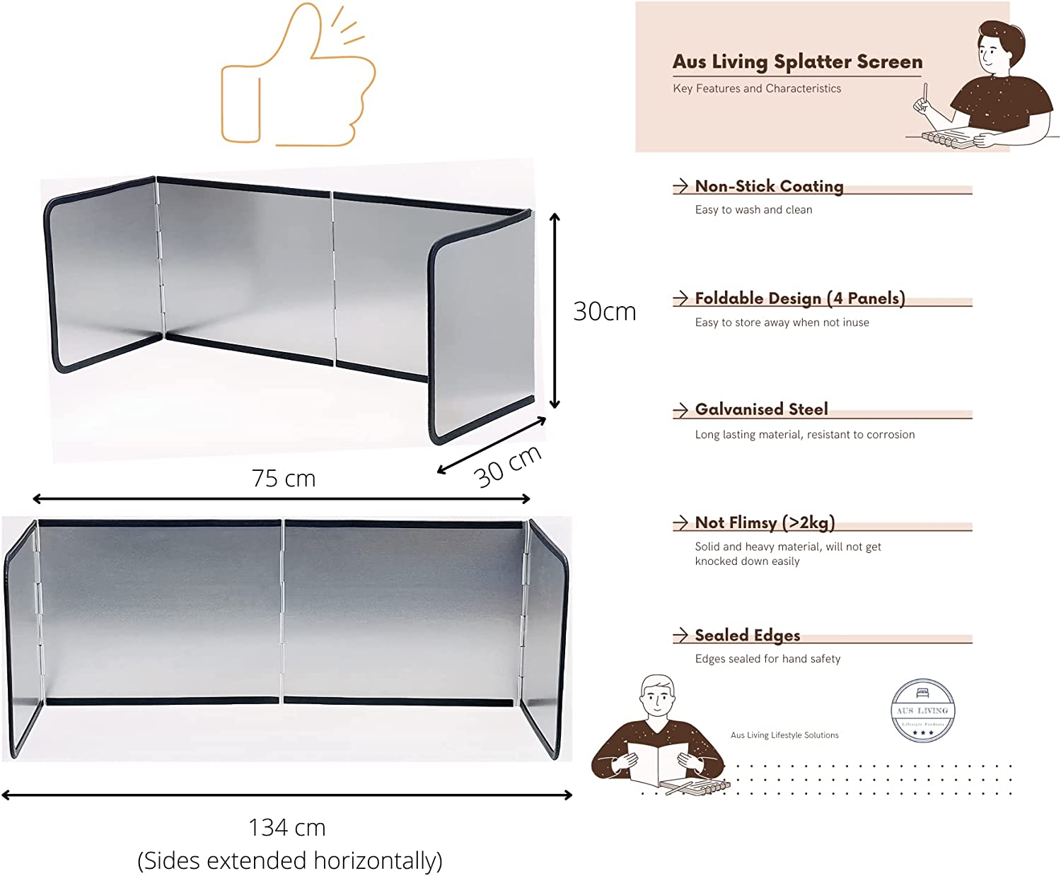 AUS Living Splatter Screen Guard for Stovetop, Kitchen, Sink. 4-Panel Arrangement (Large Size) Prevent Oil Splash, Non-Stick Material, Washable, Corrosion Resistant. Keep Your Kitchen Clean! image number 4