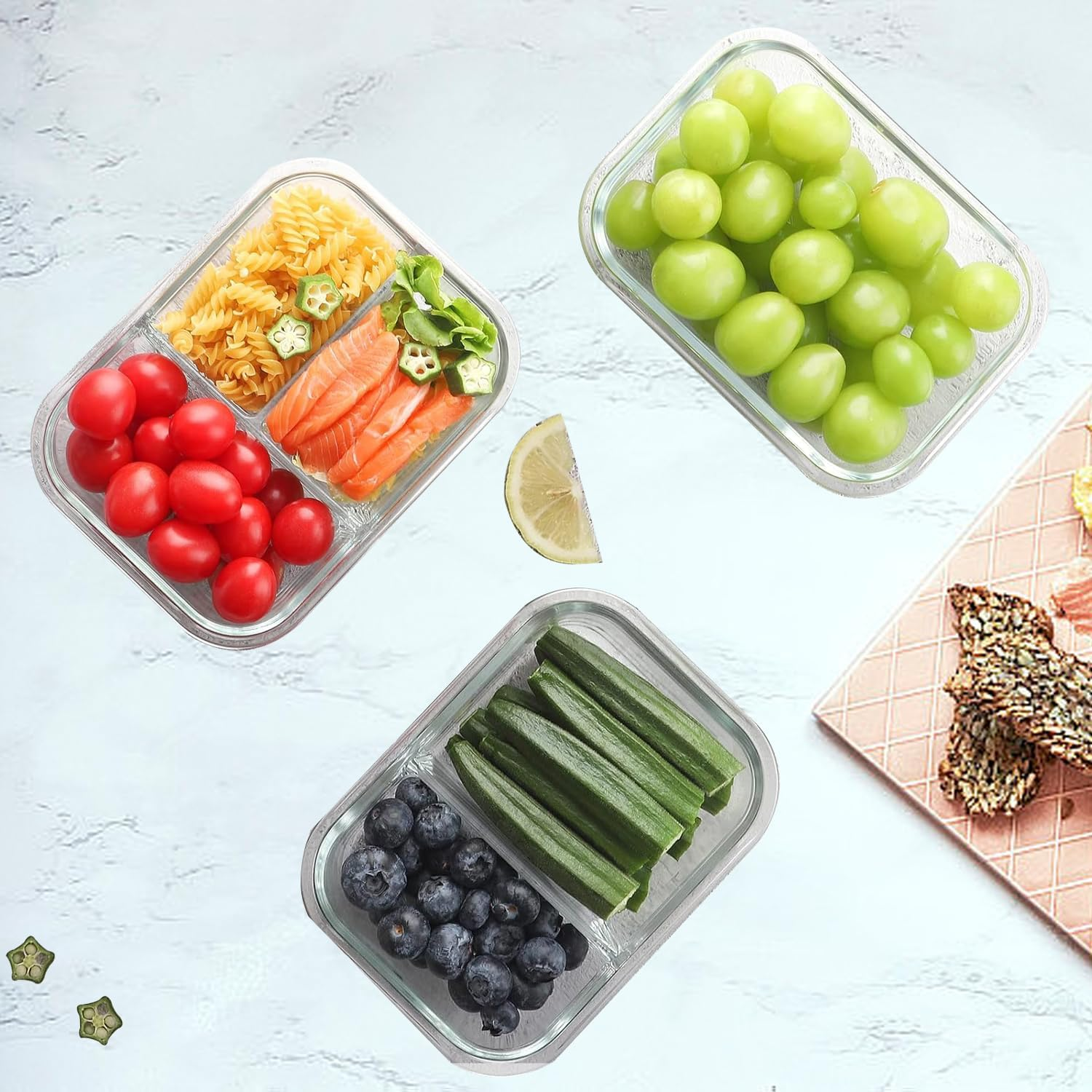 Glass Food Storage Containers, 8 Pack Airtight Glass Containers with Plastic Lids (1040Ml/35Oz), Lunch Box for Kitchen Storage & Organisation(1 Compartments*3, 2 Compartments*3, 3 Compartments*2) image number 6