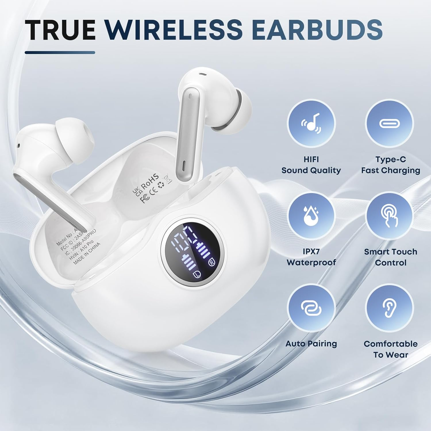 Fhumsh Wireless Earbuds, Bluetooth 5.3 Hifi Stereo Headphones Oil White image number 4