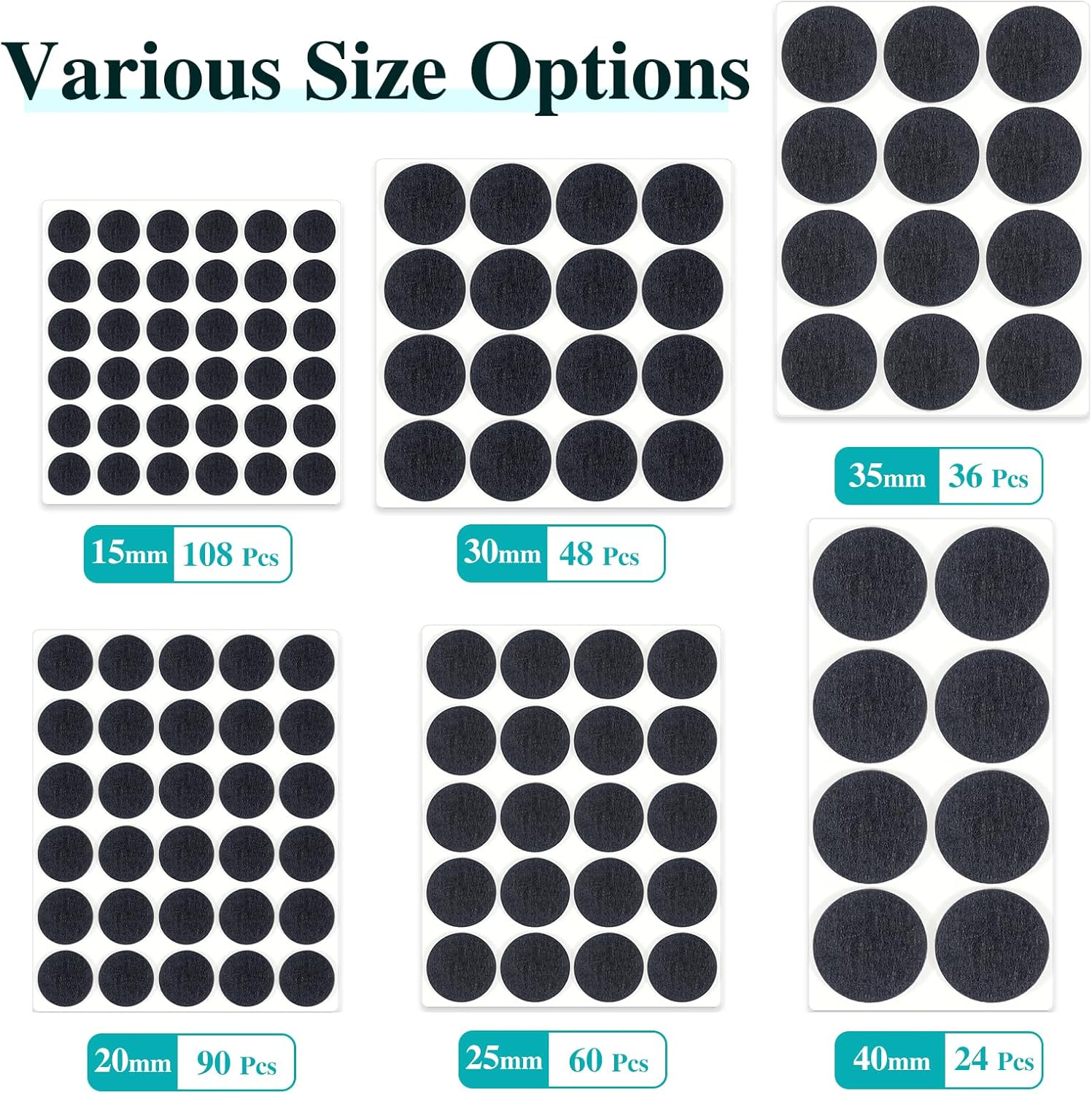 HNR 15 Mm Felt Pads, Pack of 108 Self-Adhesive Felt Pads, 3 Mm Thick, Floor Protection for Furniture Legs, Chair & Table Legs (Black) image number 3