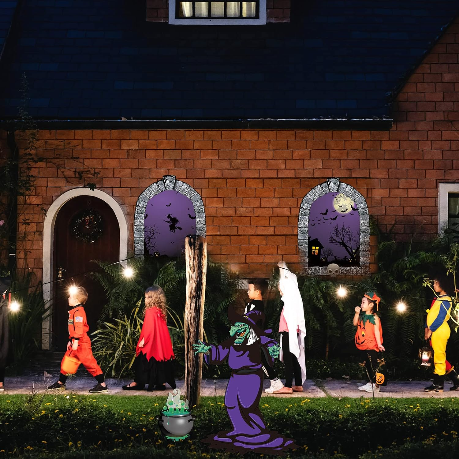 5 Pcs Halloween Scene Setter Night Window Skull Fireplace Witch Bubbling Cauldron Background Backdrop Decor Cloth Booth Medicine Stove for Home Decor