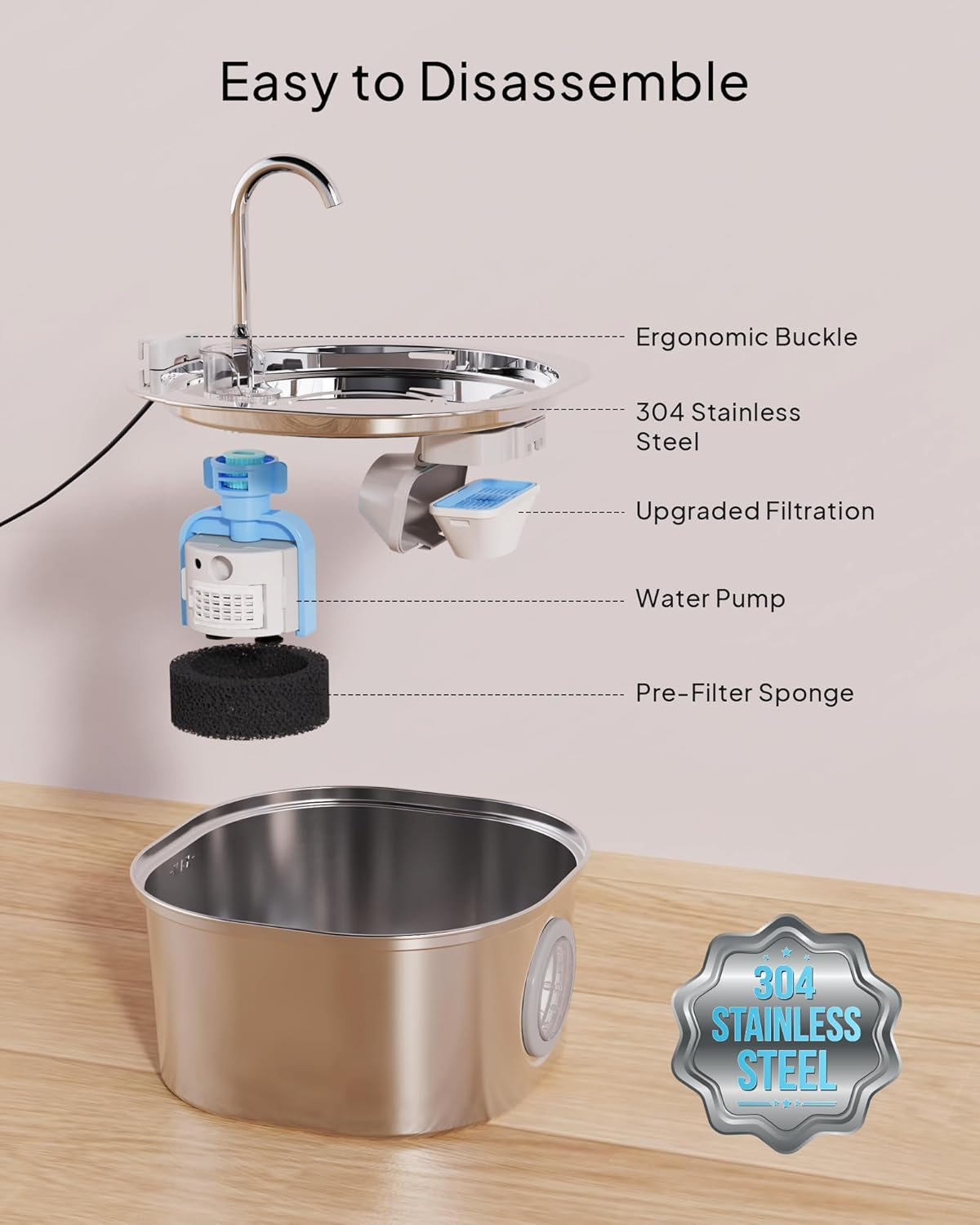 PEKTACO Cat Water Fountain, Pet Water Fountain for Cats/Dogs Indoor, Stainless Steel Cat Drinking Fountains with Water Level Window and 3 Filters + 3 Sponges(3.2L/108Oz) image number 3