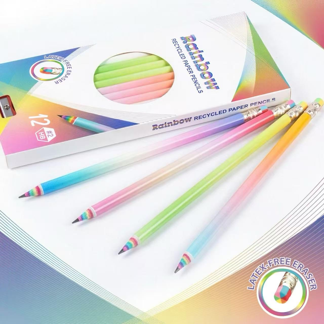 Pre-Sharpened Pencils HB #2 Eco Rainbow Paper Pencil Cute Pencils for Kids Number 2 Pencil with Erasers for School, Writing, 12 Count image number 1