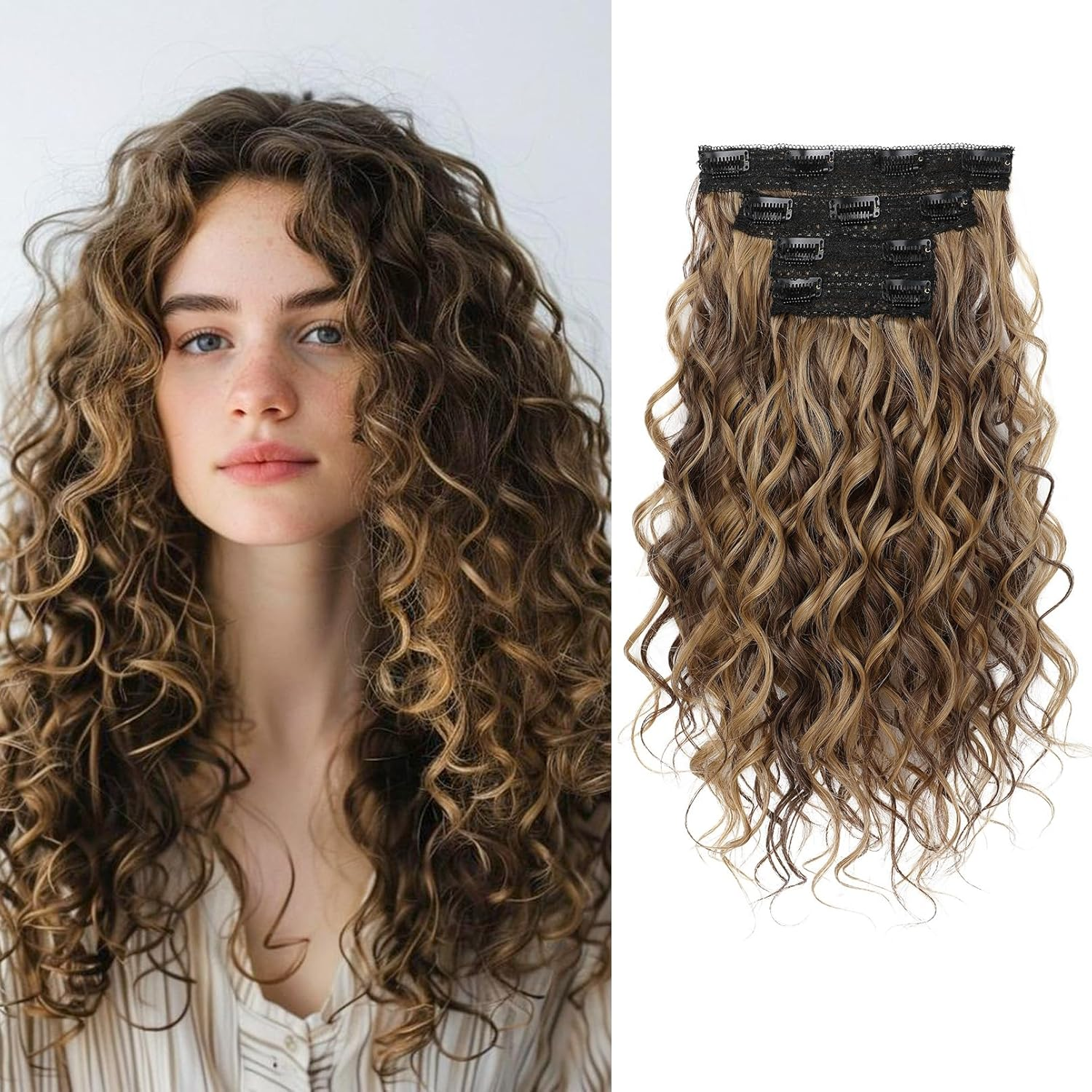 Lunarcharm 4 Pieces Curly Hair Extensions 40 Cm Clip in Hair Extensions Short Curly Invisible Natural Hairpieces for Women Chocolate Brown with Highlights image number 2