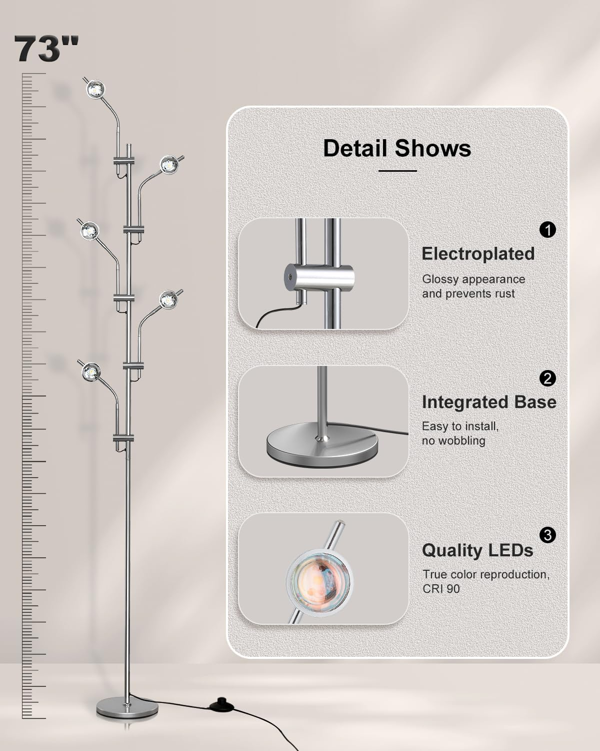 TACAHE RGBW Halo Projector Floor Lamp - 4000K LED with Replaceable Color Filters - Light and Shadow Mood Light - Multi-Head Ambient Decor Lighting for Bedroom, Living Room - 73" - 12W - Chrome image number 4
