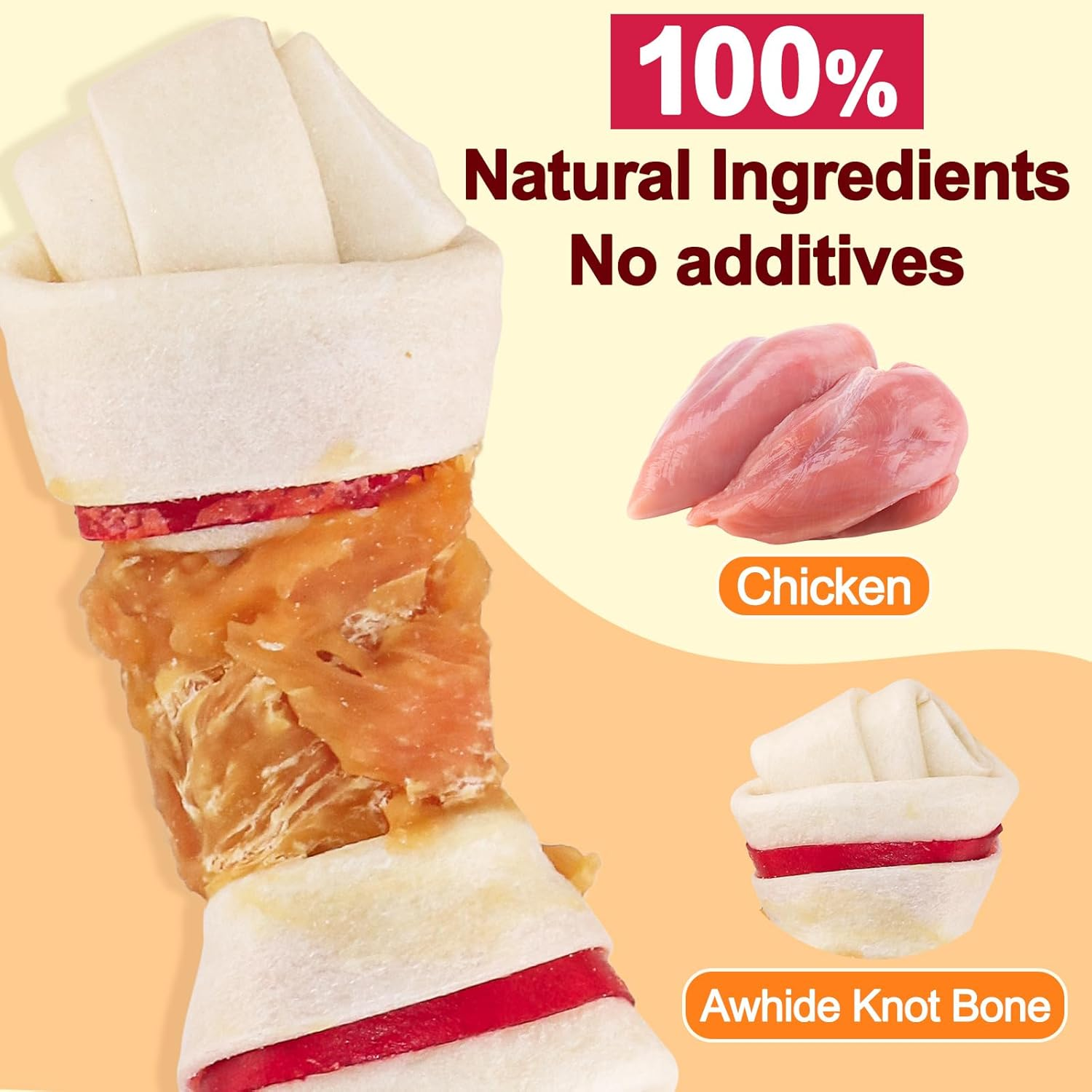 Dog Treats Chicken Wrapped Rawhide Bones,Long Lasting Chicken Wrap Knotted Bones Dog Chews 4.5"，Digestion-Friendly Training Treats for Middle Large Dogs(200G) image number 3