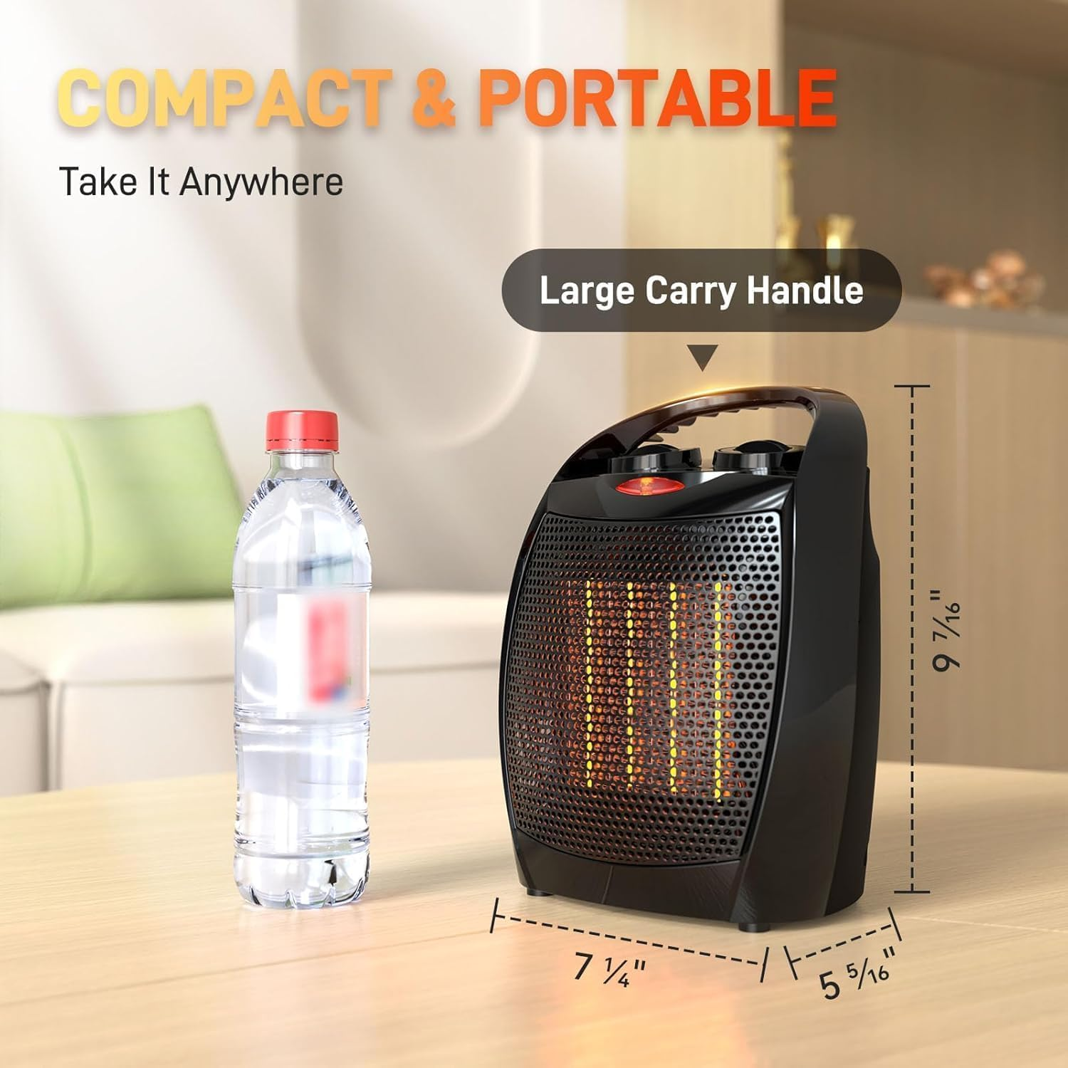 Portable Electric Space Heater, 1500W/750W Ceramic Heater with Thermostat, Fast Heat 15 Square Meter in Minutes, Safe and Quiet for Office Living Room Bedroom image number 6