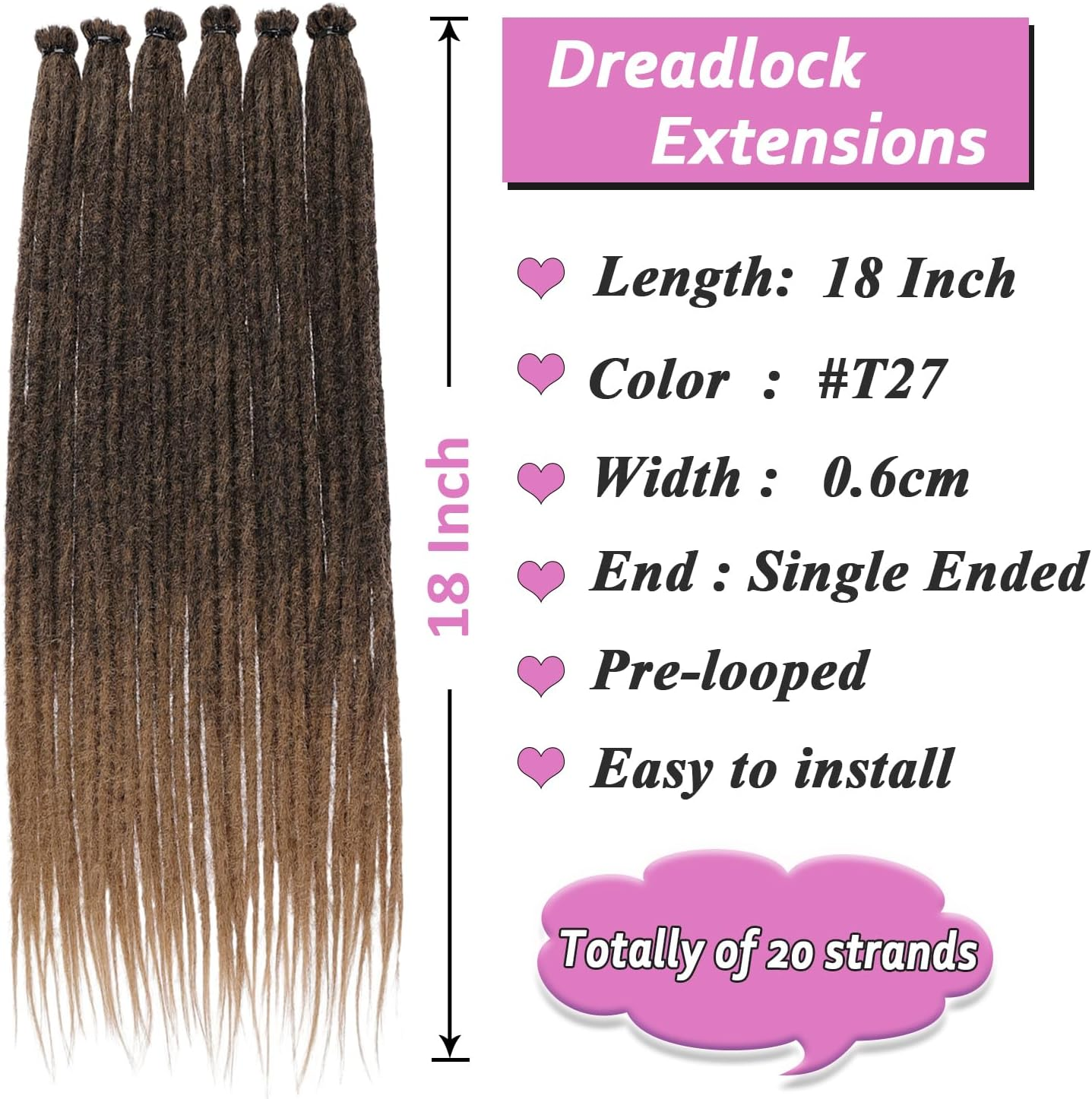 Samtress 18 Inch 20 Strands Thin 0.6 Cm Dreadlock Extensions Reggae Hip-Hop Synthetic Hair Ombre Blonde Handmade Loc Crochet Braiding Hair Extensions (#T27) image number 3