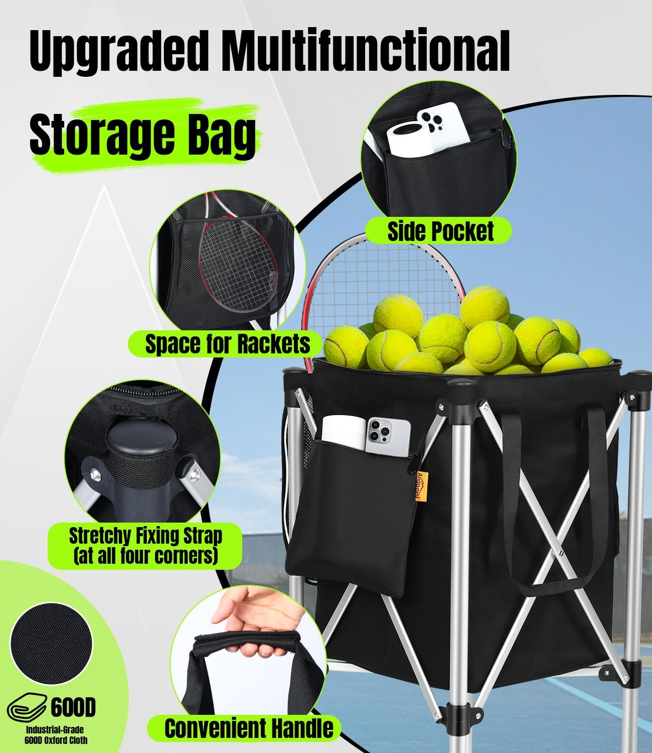 Angooni Professional Foldable Tennis Ball Cart, 2 Capacity Choices - Holds 150 or 240 Balls, Lightweight Waterproof Tennis Ball Hopper, Portable Storage Sports Teaching Cart for Practice and Matches
