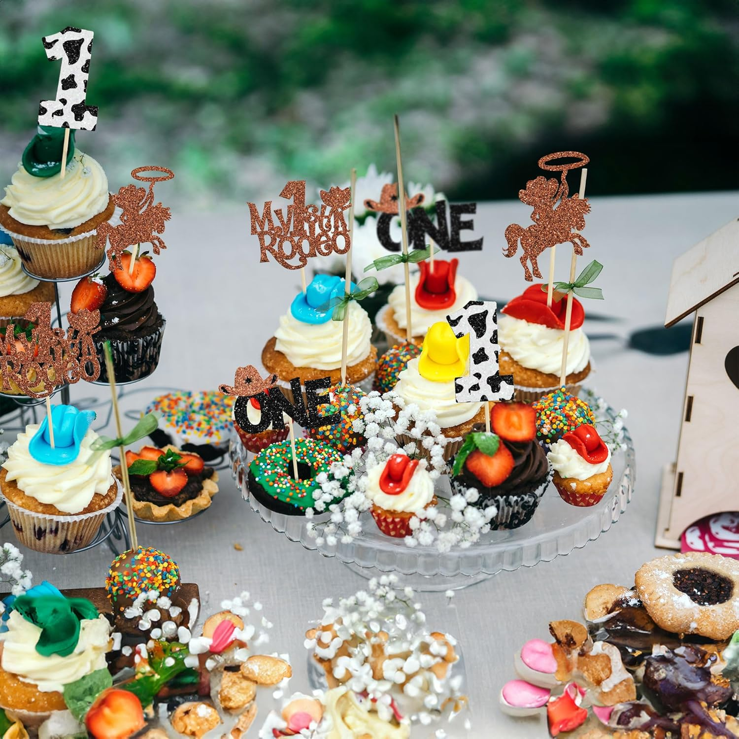 24Pcs Cowboy 1St Birthday Cupcake Toppers Glitter First Birthday Hat Cowboy One Cake Decorations for Western Theme Baby Shower Kids Boys 1St Birthday Party Supplies Brown image number 6