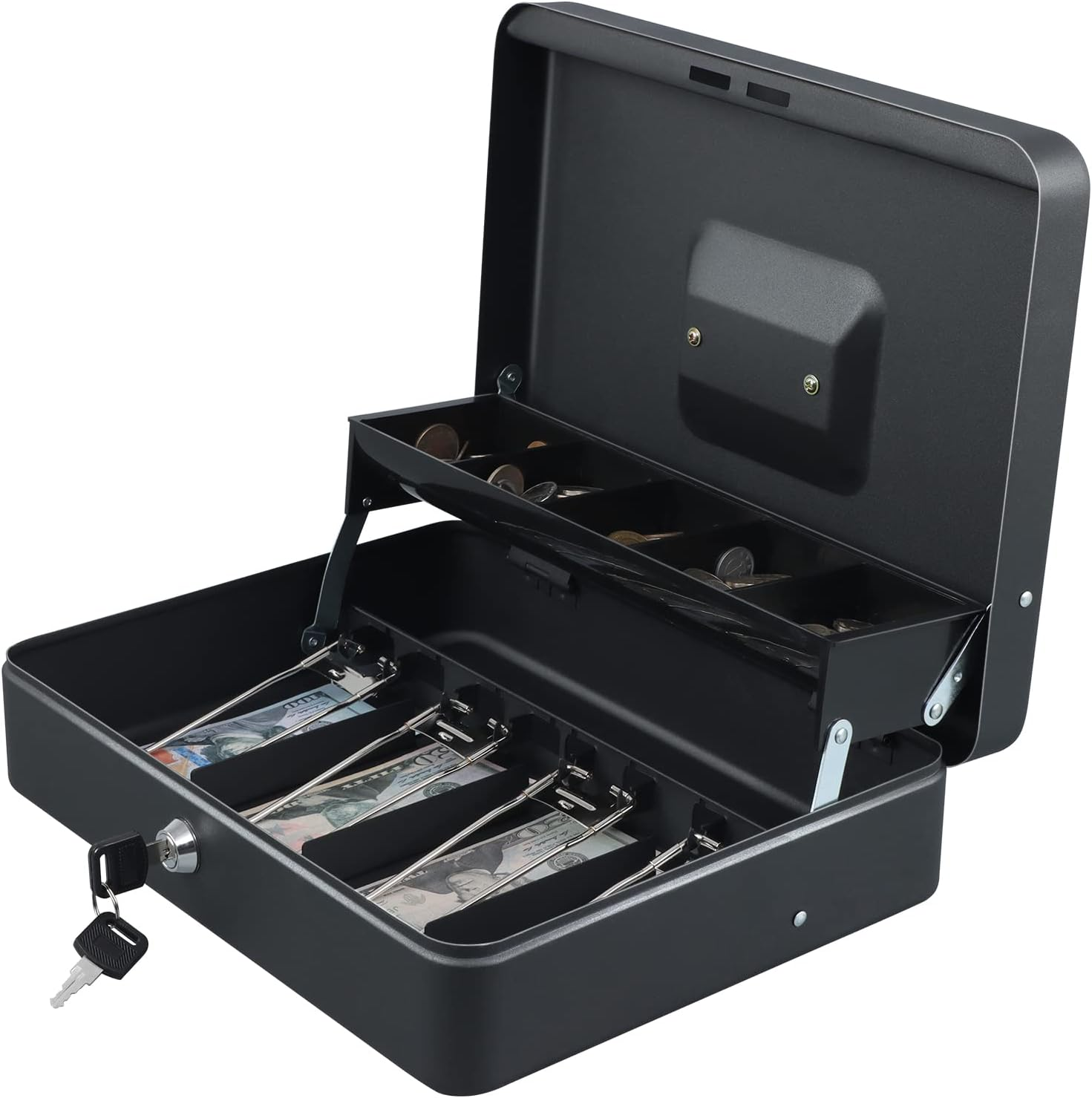 Xydled Cash Box with Money Tray and Key Lock,Tiered, Cantilever Design,4 Bill / 5 Coin Slots,11.8" X 9.5" X 3.5",Black