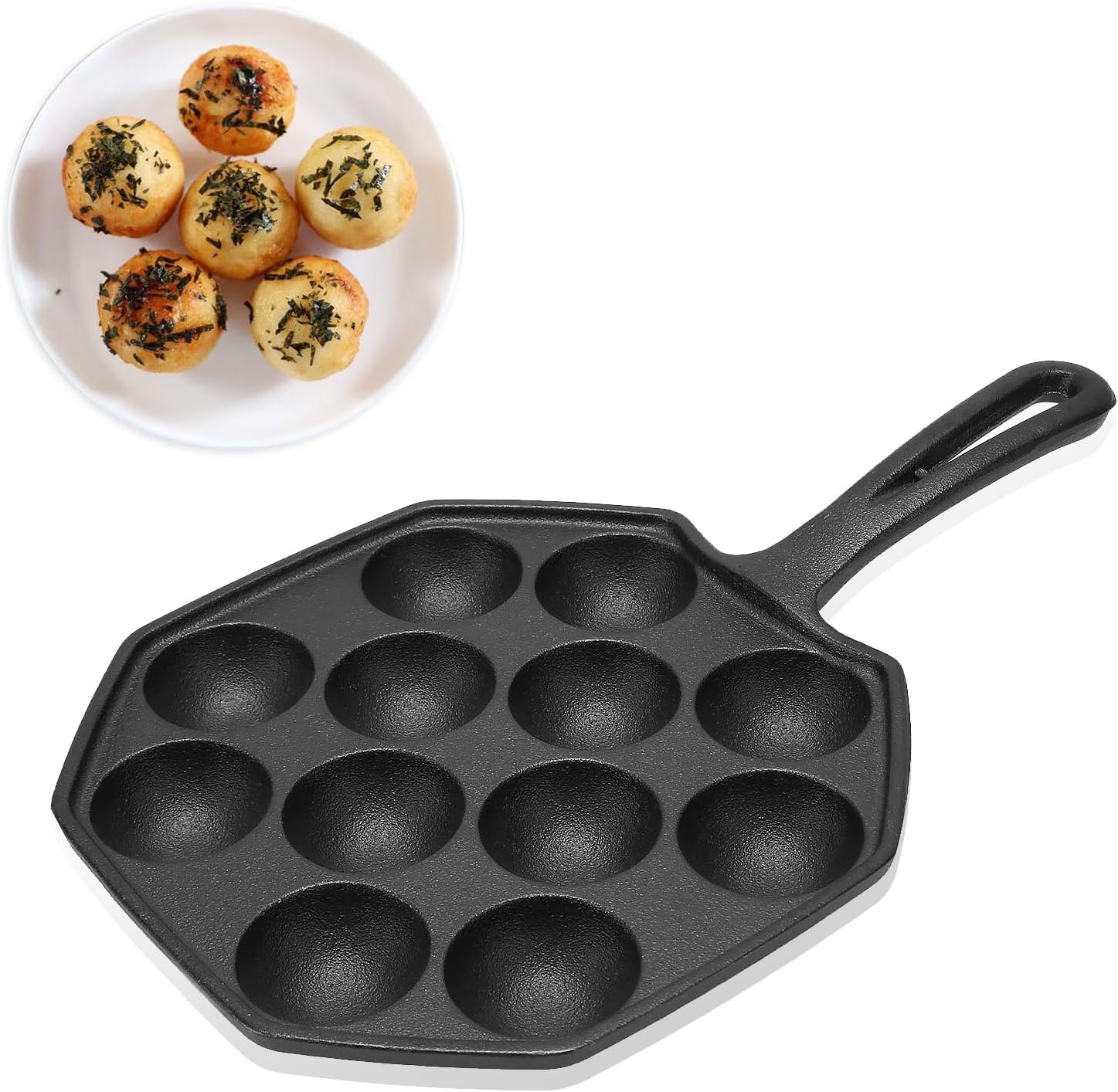 Omabeta 1PCS Cast Iron Takoyaki Pan with 12 Grid Skillet, 18Cm/7.09In Dia. Nonstick Takoyaki Maker with Long Handle for Cooking Omelets Bacon Burgers Pancakes Breakfast,Octopus Meatballs Frying Pan image number 6