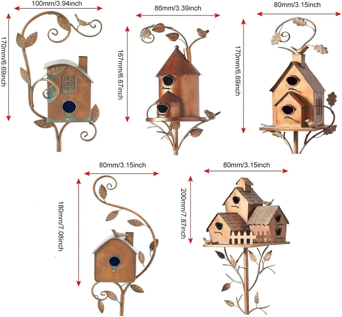 AIMALL Outdoor Iron Birdhouse Garden Stakes | Weather-Resistant Metal Bird House Decorations | Rustic Plug-In Garden Ornaments | Set of 5 Unique Designs image number 2