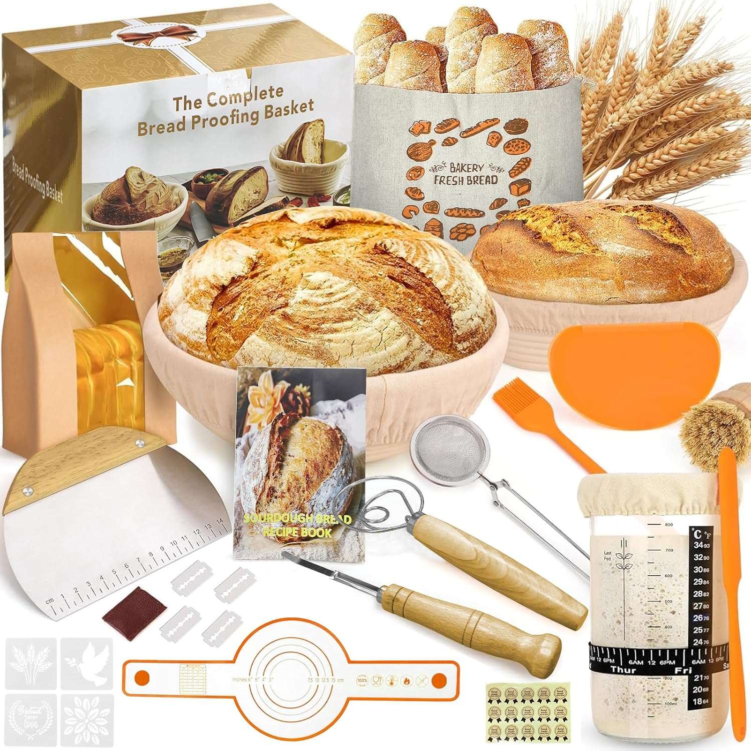 Banneton Bread Proofing Basket, Sourdough Bread Baking Supplies,Round 9 Inch Complete Sourdough Starter Kit,Bread Proofing Basket,Bread Making Supplies Tools for Baking,Banneton Basket Gift Set image number 3