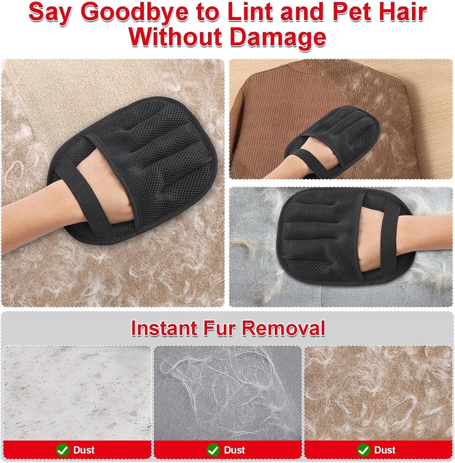 Pet Hair Remover Gloves, 2 Pack Upgraded Five-Finger Electrostatic Reusable Cats & Dogs Pet Grooming Hair Removal Glove for Laundry, Couch, Carpet, Car Seat, Furniture, Carpet, Curtain image number 6