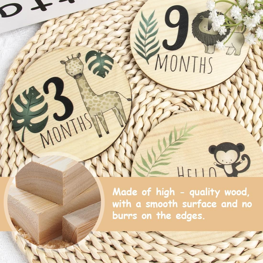 7 Wooden Milestones Cards for Babies in Italian on Elegant Wooden Discs as Birth Gift/Baby Shower Gift for Pregnant Women, Future Moms and Parents image number 1