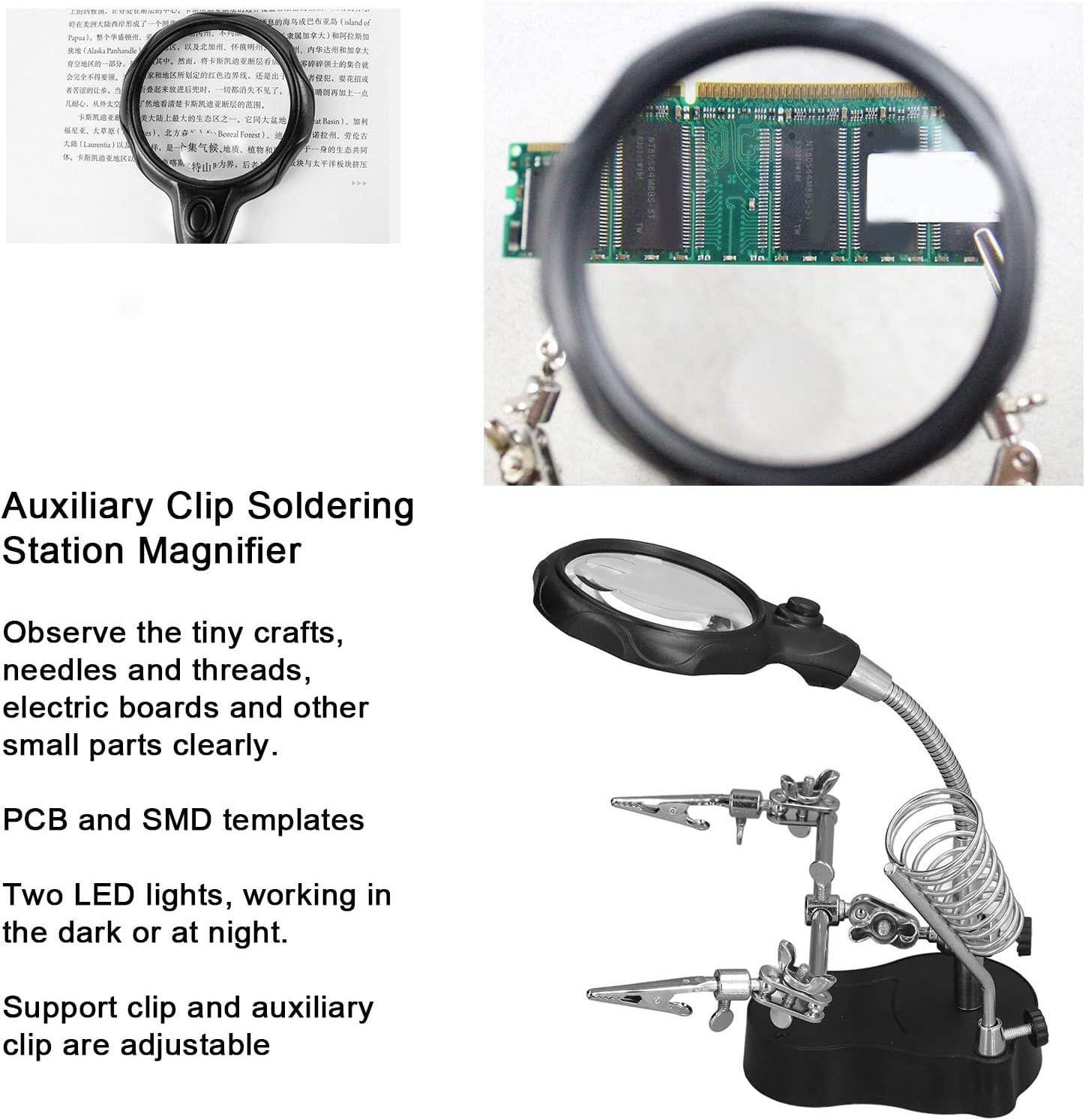 Desk Magnifier, Magnifying Glass with Auxiliary Clip & LED Lamp, 3.5X 12X Dual Magnifier Lamp for Reading/Painting/Sewing, Observe Small Items Miniatures Projects, Adjustable Neck image number 5