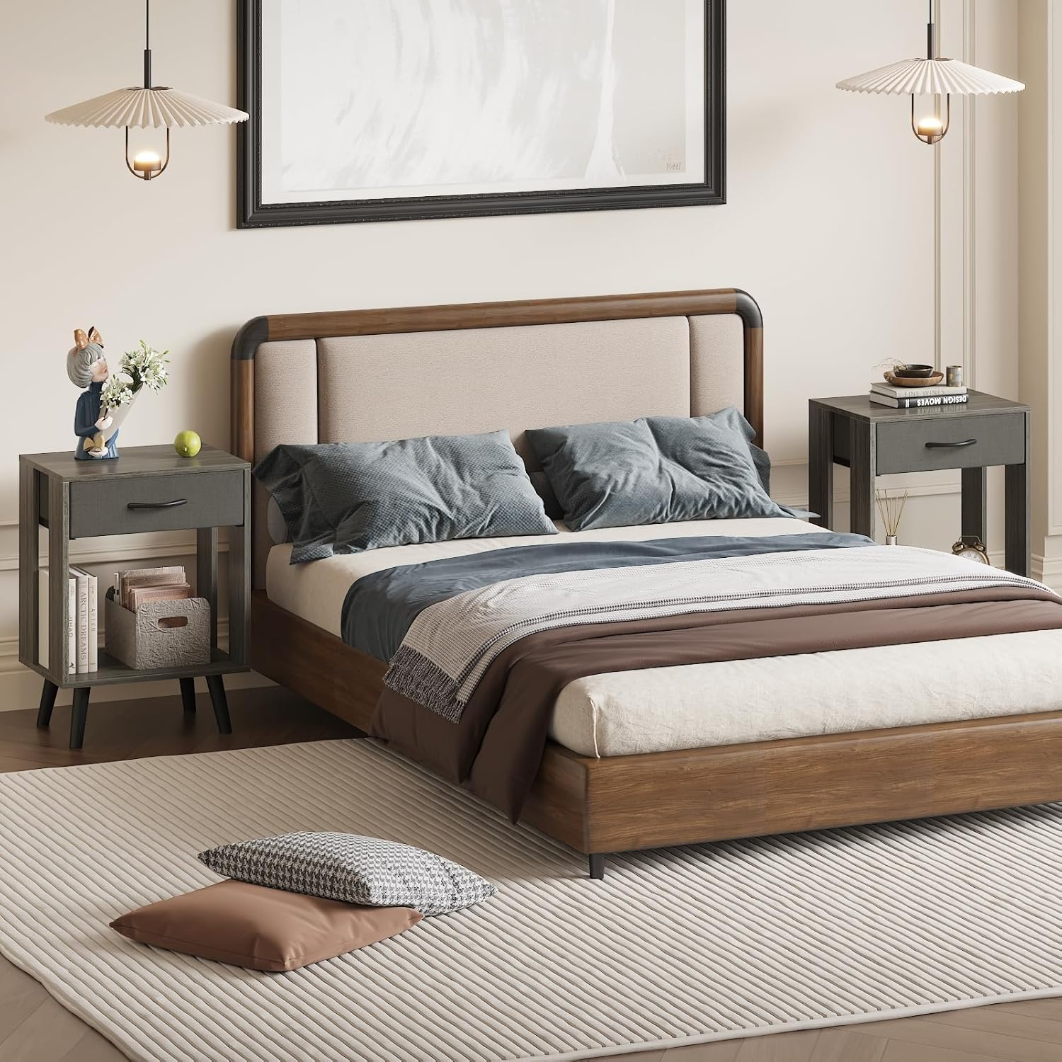 GYIIYUO Nightstands Set of 2 with Black Fabric Storage Drawer and Open Wood Shelf, Side Table with Storage for Bedroom, Bedside Tables - Gray 23.7" H - Rustic Brown image number 2