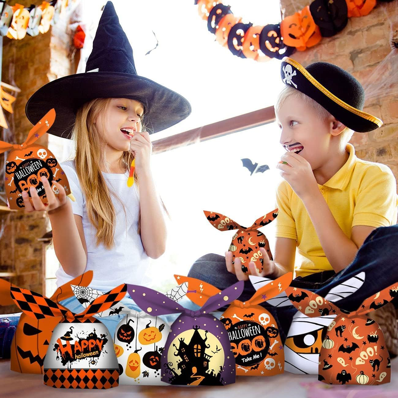 100PCS Halloween Candy Bags, Kids Trick or Treat Bags Goodie Bags, Cute Rabbit Ear Bags Small Halloween Cookies Plastic Gifts Bag for Halloweens Party Supplies image number 3