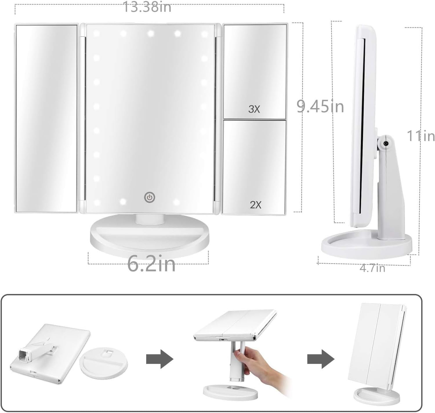 Makeup Mirror Vanity Mirror with Lights,2X 3X Magnification,Lighted Makeup Mirror,Touch Control,Trifold Makeup Mirror,Dual Power Supply,Portable LED Makeup Mirror,Women Gift (White) image number 2