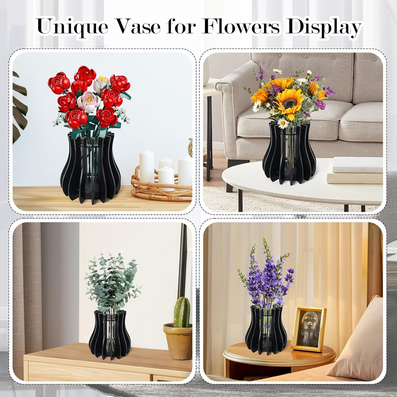 Wooden Vase Kit for  Roses Cherry Blossom Sunflower Tulips Daffodils Lotus Cute Flower Vase for  Bouquet Arrangement Home Decoration for Women Adults(Black) image number 1