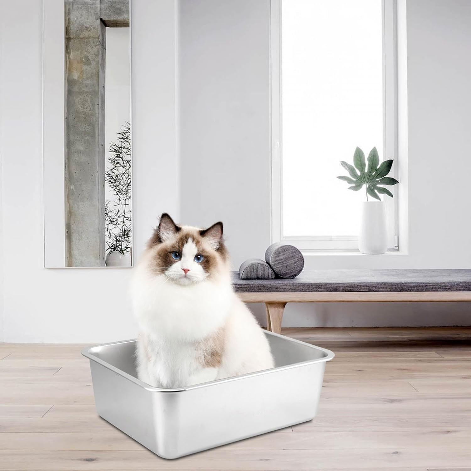 Cat for Indoor Cats, Open Top Pet Litter Tray, Stainless Steel Pet Litter Basin, Portable Cat Sand Box, Sturdy Large Kitten Toilet, 50Cmx35Cmx10Cm image number 6