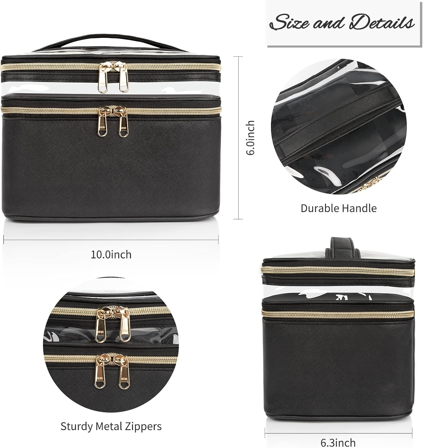 OCHEAL Makeup Bag, Double Layer Cosmetic Cases Travel Makeup Organizer Toiletry Bags Large Make up Bag for Women Girls with Adjustable Dividers and Brush Organize Area (Black Clear) image number 5