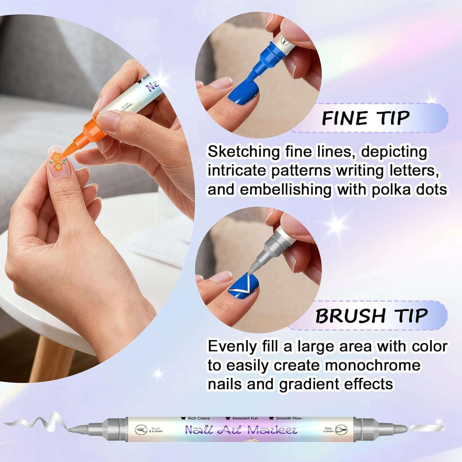 12 Colours Dual-Tip Nail Art Pens, No Shake Required Acrylic Paint Markers. 0.5Mm-5Mm Fine & Brush Tips for 3D DIY Manicure. Quick Dry, Waterproof Design Tools for Women & Beginners (No Clogging)