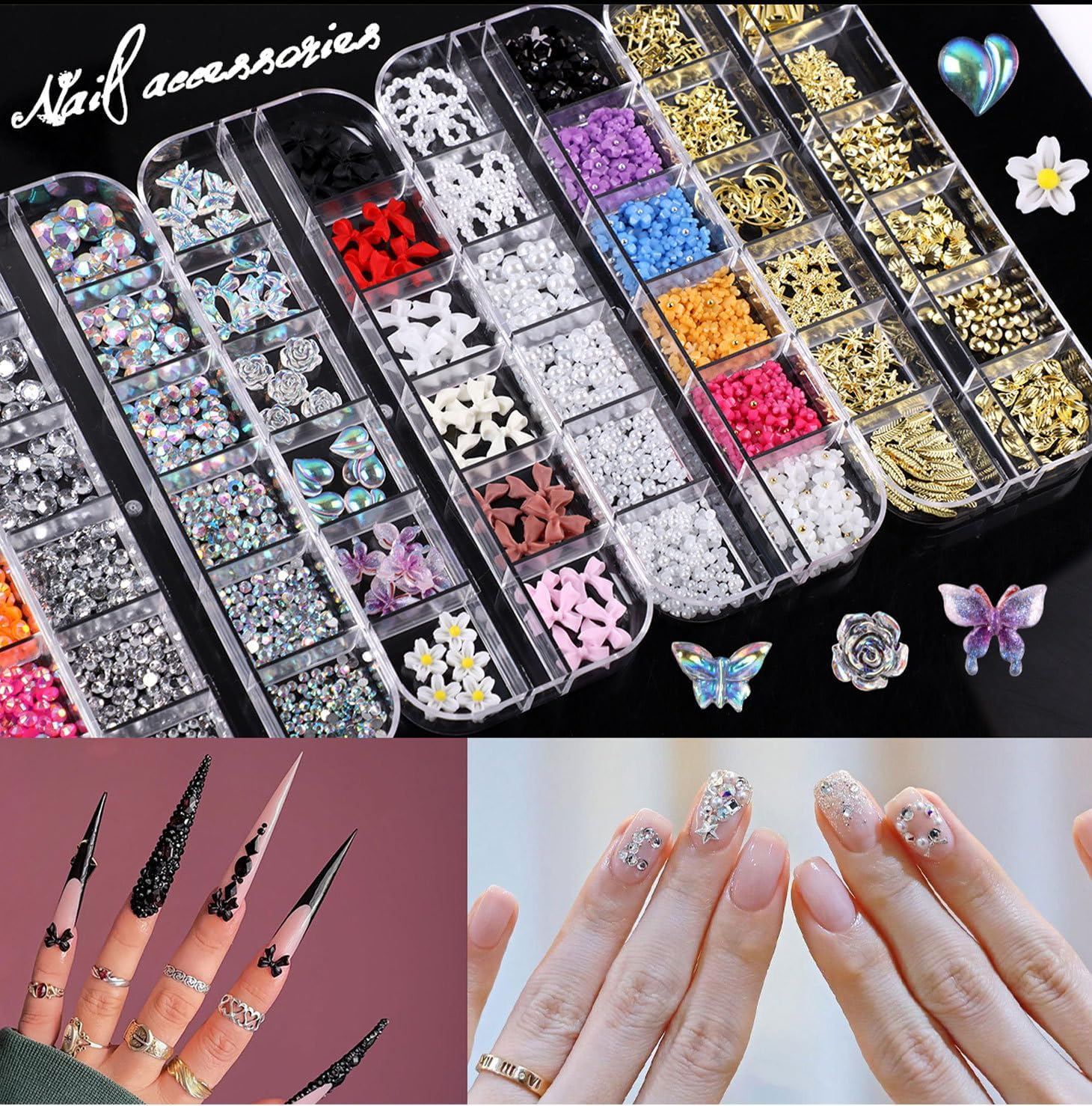 Nail Charms, Nail Rhinestones Kit with 6 Boxes of Nail Gems, 3D Charms for Nails, Colorful Clear Flatback Rhinestones, Charms Y2K for Nails, Multi Shape Pearls Jewels for Crafts image number 1