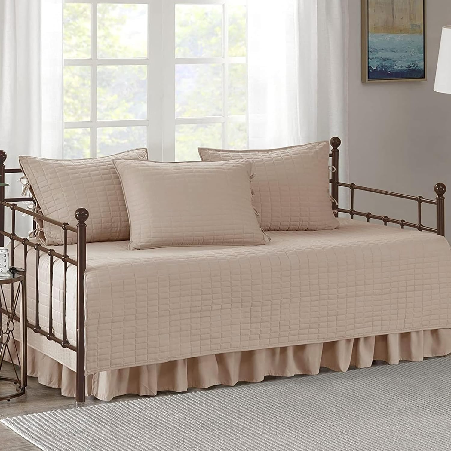 Comfort Spaces Daybed Cover - Luxe Double Sided-Quilting, All Season Cozy Bedding with Bedskirt, Matching Shams, Kienna Taupe 75"X39" 5 Piece
