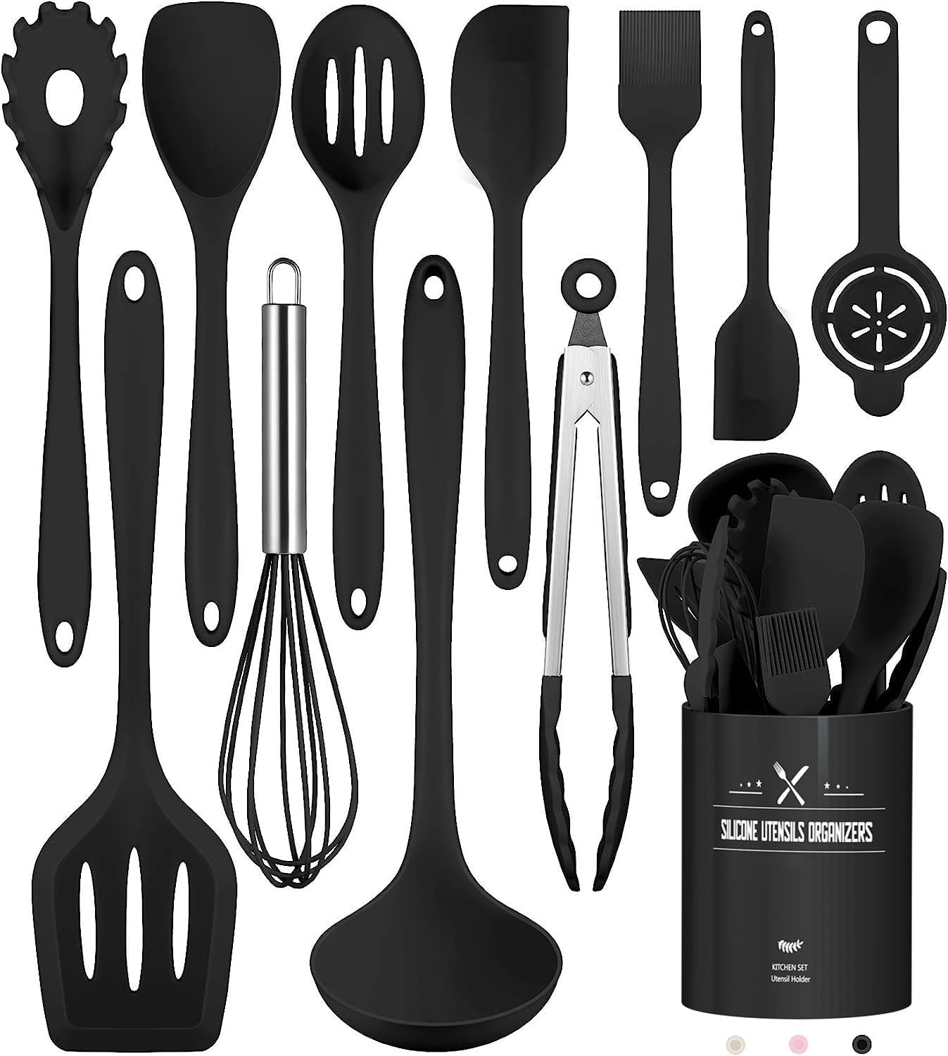 Terlulu Silicone Cooking Utensils, 12-Piece Set, Pink, Non-Stick, Dishwasher Safe
