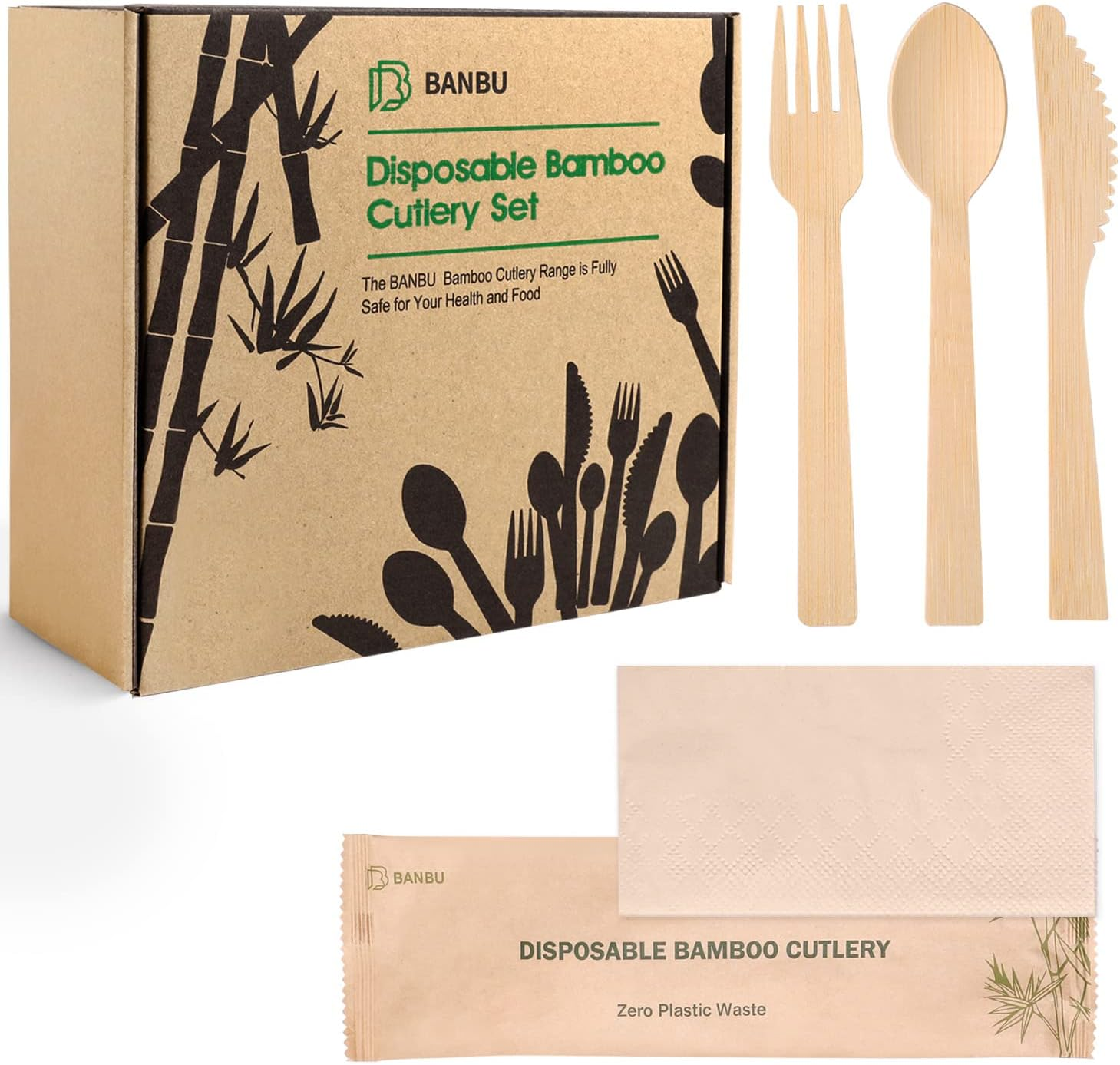 Bamboo Cutlery Set Napkins-58 Pack Individually Wrapped (6.7" 58 Spoons 58 Forks 58 Knives 58 Napkins) Disposable Travel Dinnerware Compostable Biodegradable Fork Knife Spoon and Napkin image number 5