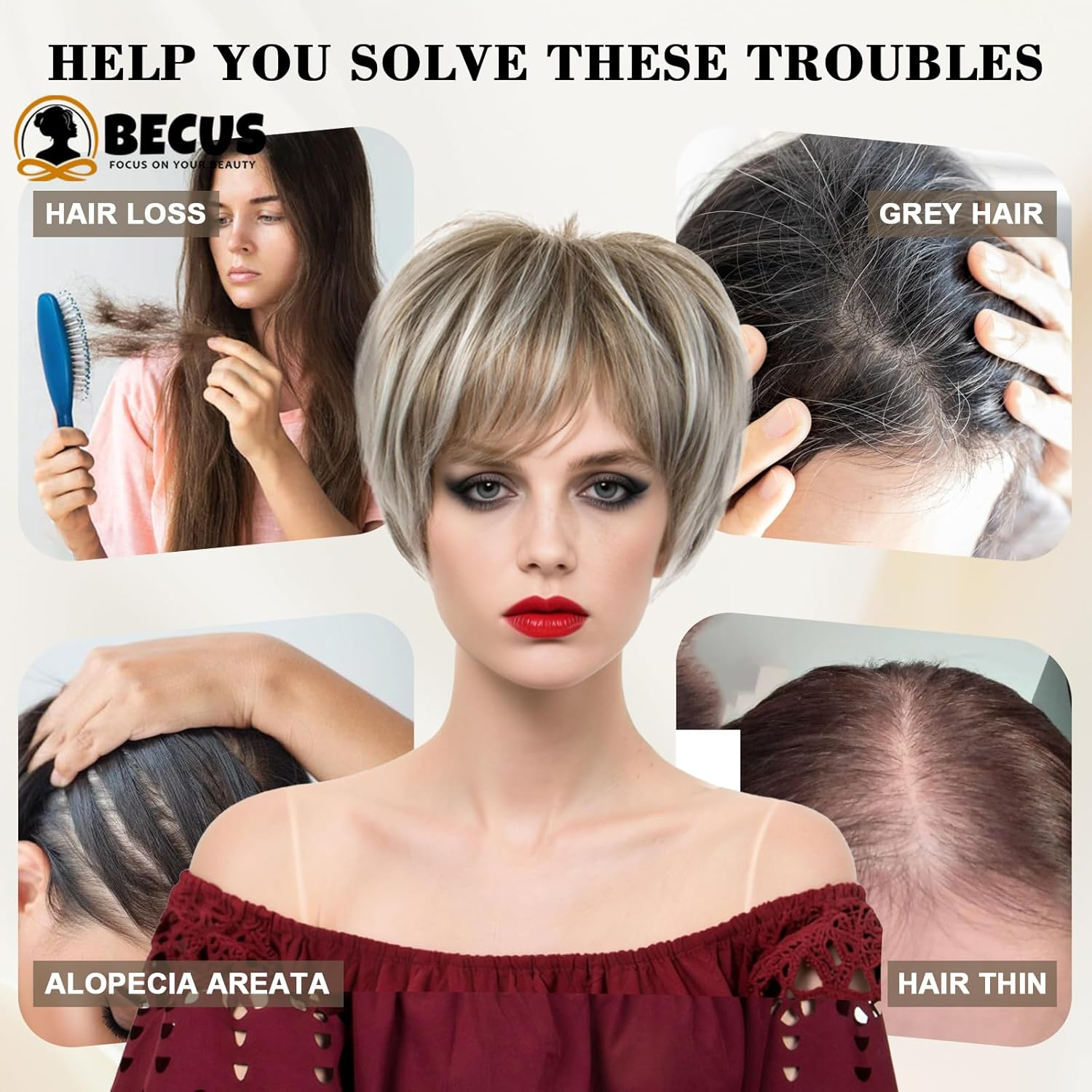 Becus Blonde Wig Short Women'S Pixie Cut Fluffy Synthetic Wig Short Hair Blonde Ombre Dark Root Layered Hair with Fringe Wigs for Women Daily Use (Ash Blonde) - Blonde Bob image number 6