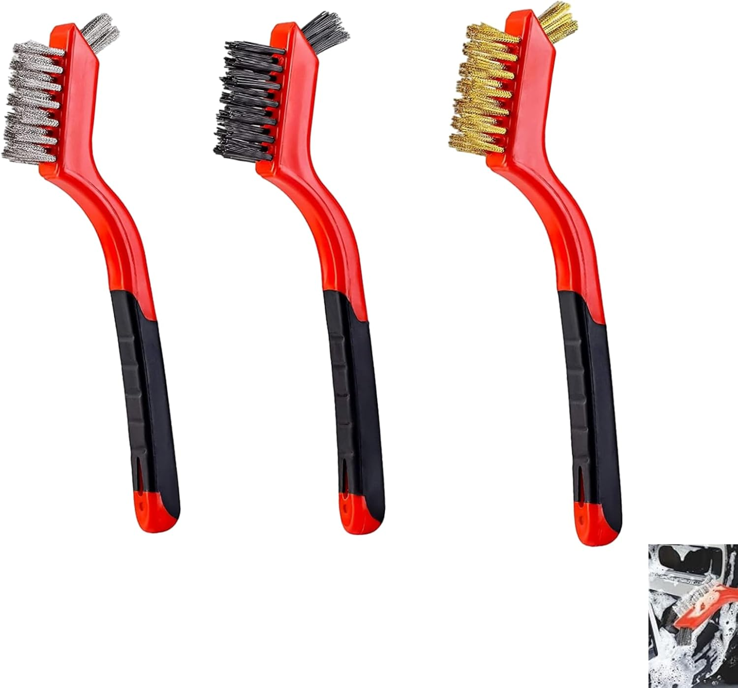 Kalione 3-Piece Wire Brush Set, 7-Inch Stainless Steel, Nylon and Brass Bristles with Ergonomic Curved Handle for Rust, Paint and Dirt Removal, Deep Cleaning, Cleaning Dirt & Paint Scrubbing (Red) image number 3