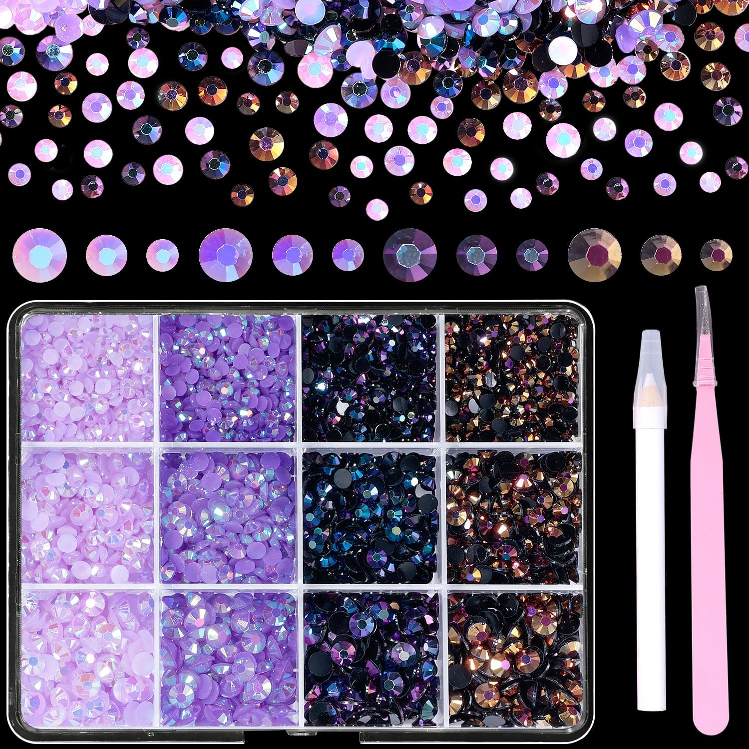 Cynailli Pink Color Jelly Resin Rhinestones, 3D Round, 3 Size, 12 Pieces, Acrylic, Craft Bead, Bedazzled Gems for Nails DIY Clothes Face Makeup DIY Jewelry with Tweezer Pen