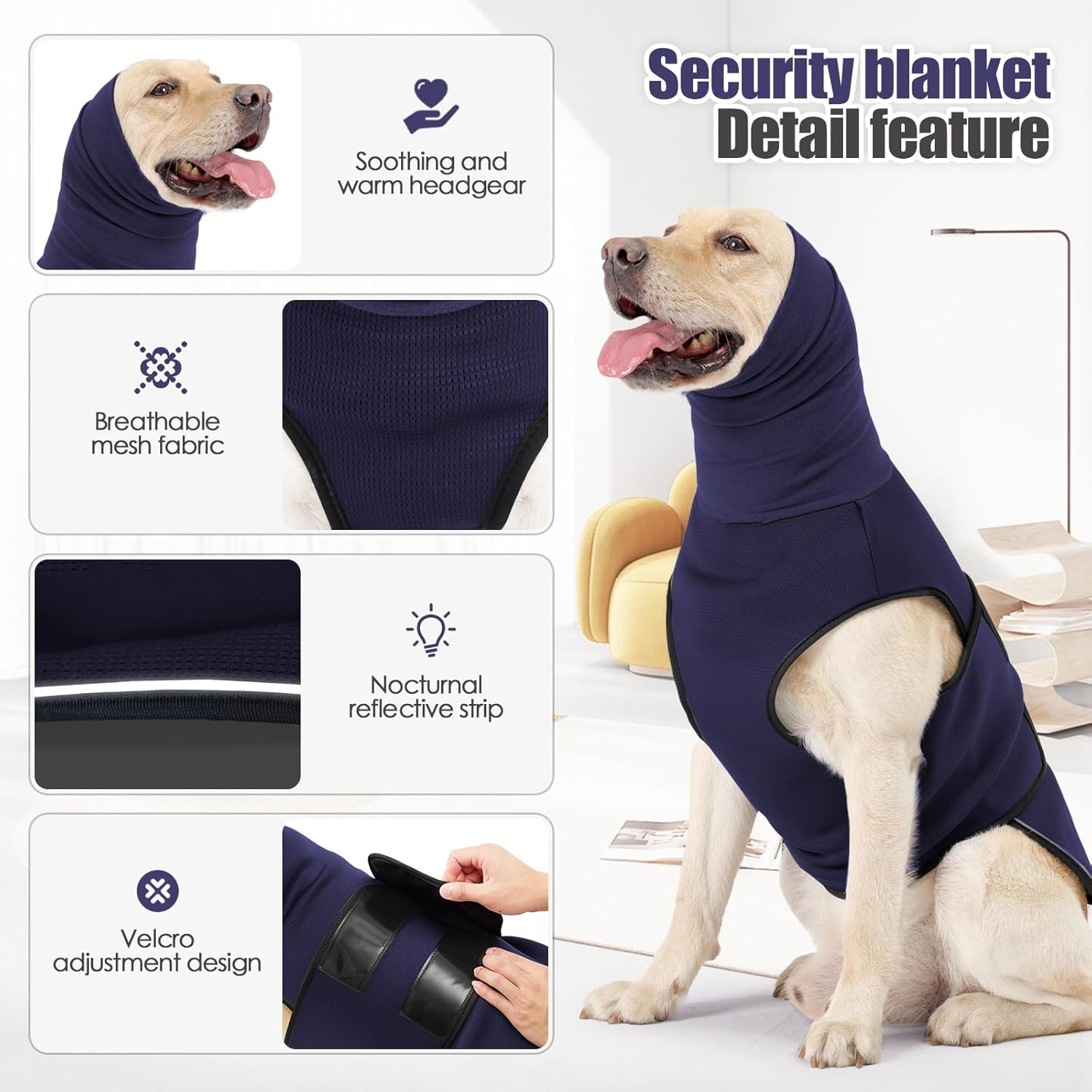 Dog Anxiety Vest Hoodie with Head Cover Sleeves - Thunder Jacket Calming Coat for Thunderstorm, Travel and Vet Visits - Blue M image number 1