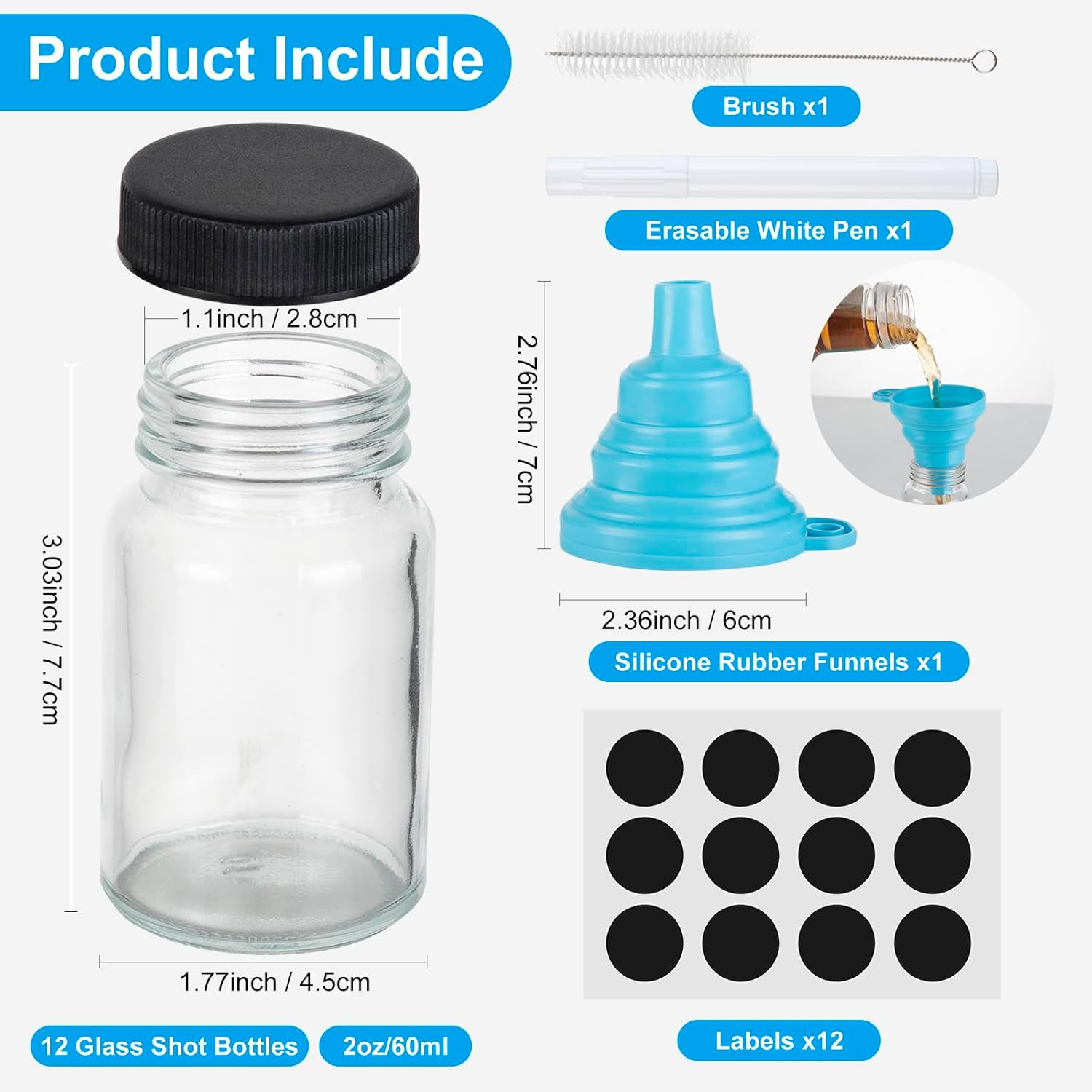 12Pcs 60Ml Glass Juice Bottles with White & Black Lids-2Oz Small Reusable Shot Bottles with Labels, Leakproof Clear Vials for Juice, Ginger, Wellness Drinks, Portable & Dishwasher Safe image number 4