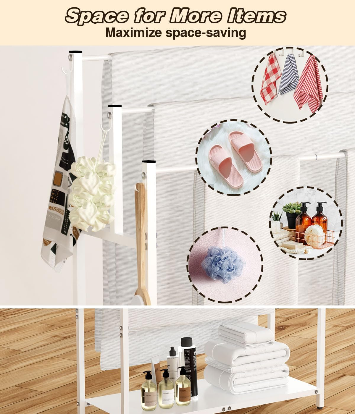 Mondazie 44&rdquo; Tall Free Standing Towel Racks with 6 Hooks for Bathroom, 3 Tiers Oversized Pool Bath Towels Drying Stand, Metal Blanket Ladder Holder with Storage Shelf for Bedroom Living Room, White - Black image number 4