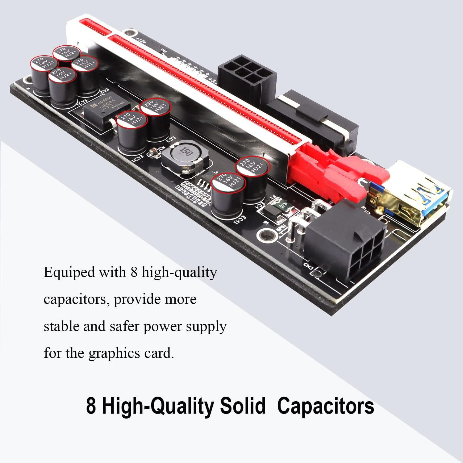 6 Pack Pcie Riser 1X to 16X, GPU Mining Card Powered Adapter VER010S PCI-E Extension Cable with LED & Triple Power Supply - Extender for ETH Mining image number 3