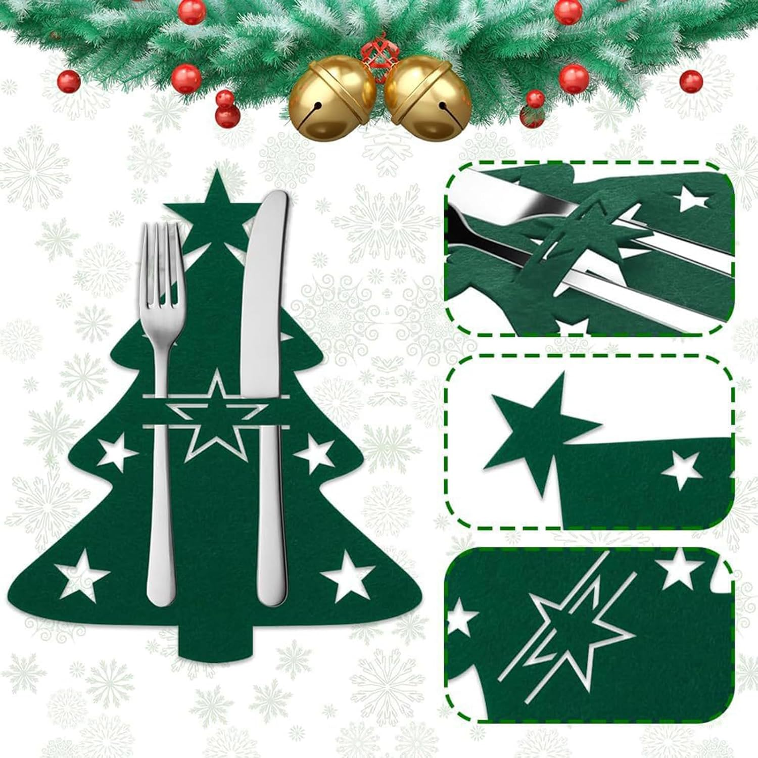 Christmas Cutlery Holder, 10Pcs Silverware Bag, Red Xmas Utensil Wraps for Party Dinner Table Supplies (Green) image number 1