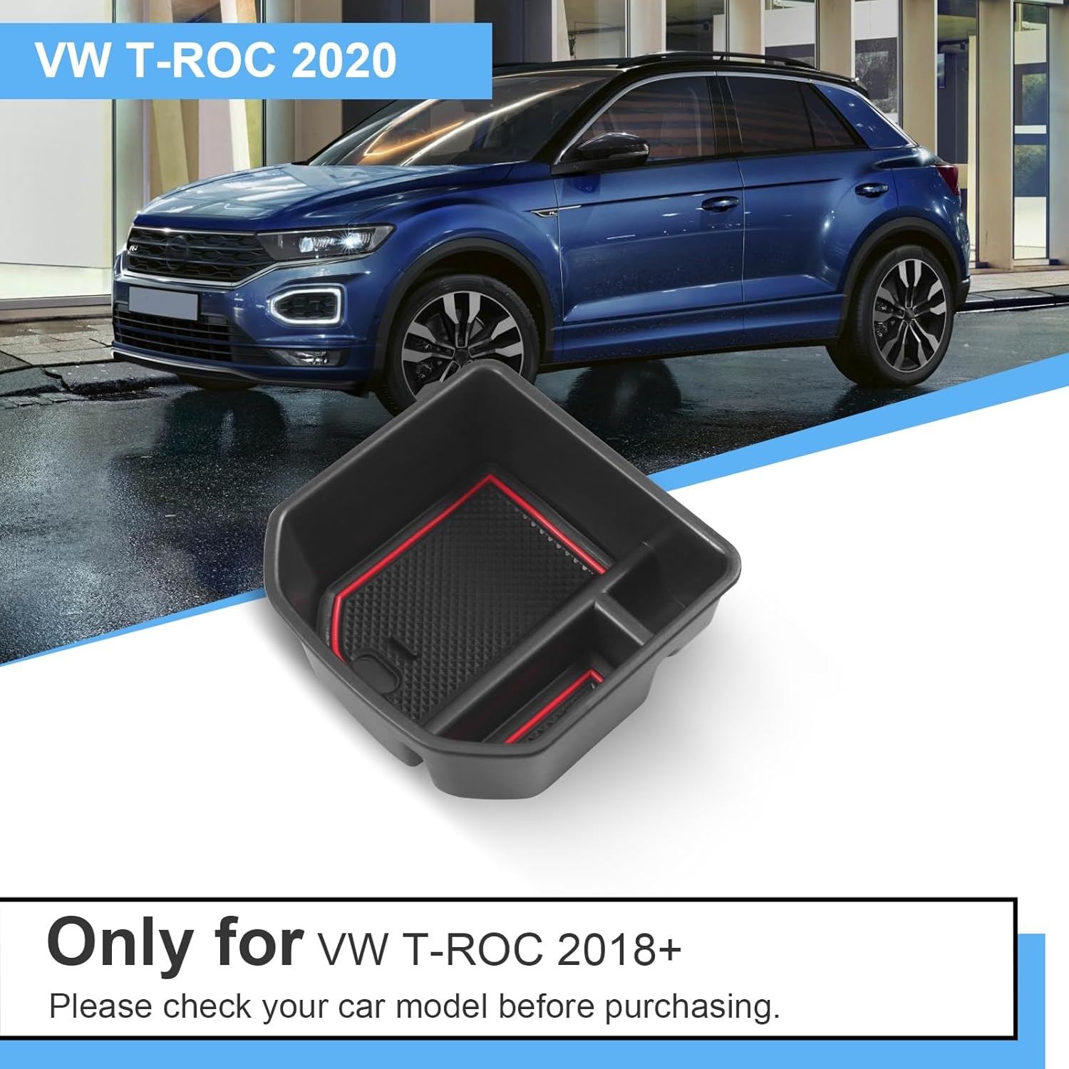 Centre Console Storage Box Compatible with VW T-ROC 2018-2024, T ROC Accessories Armrest Organiser, T-ROC Centre Armrest Glove Box with Non-Slip Mat (Red) - Blue image number 2