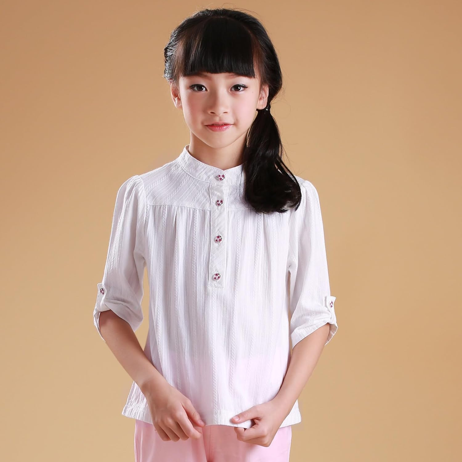 MEILONGER Girls White Blouse Cotton Linen Casual Collar Button down Shirts Girls Short Sleeve T Shirt Linen Stand Collar Tops Summer Size 8,10-12,14-16