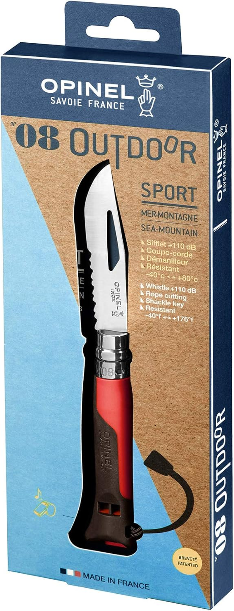 Opinel No. 08 Outdoor Folding Knife + Multitool - Partially Serrated Stainless Steel Blade, Nonslip Handle, Survival Whistle, Shackle Key - Green image number 2