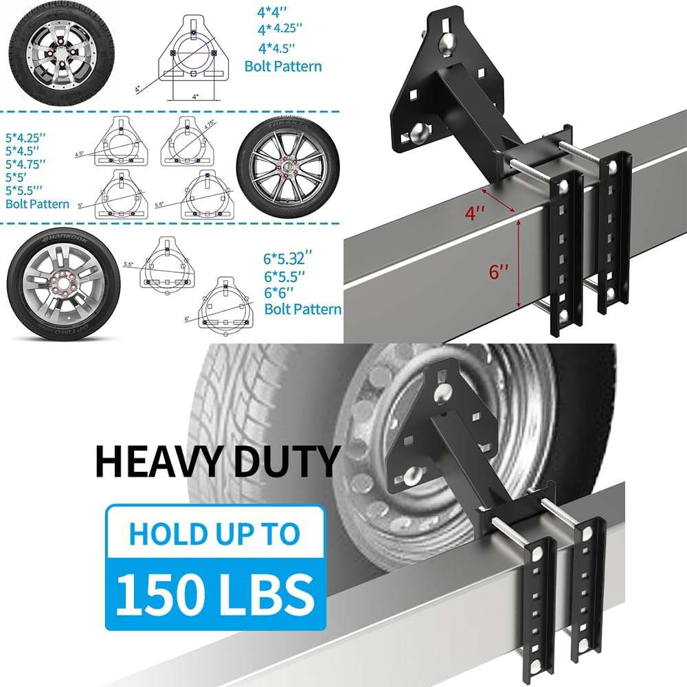 Heavy-Duty Trailer Spare Tire Carrier Mount,Universal Fit 4/5/6/8 Lug Wheels,Up to 160 Lbs Capacity,For Utility Boat RV Trailers,4"-6.5" Bolt Patterns image number 6