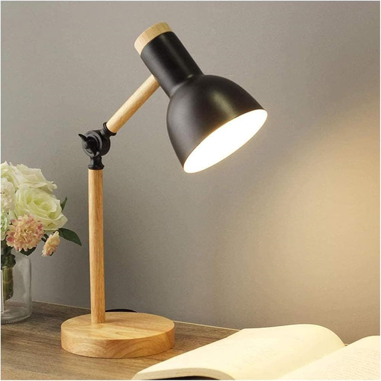Desk Lamp E27 Wood Adjustable Angle with Metal Shade Table Lamp Modern with 3 Colors Dimmable Switch Bedside Lamps Eye Protection Simple Reading Lamp for Office Study Room Bedroom Living Room (White)