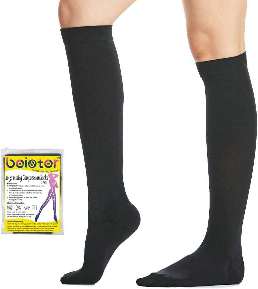 Beister Closed Toe Knee High Calf Compression Socks for Women & Men, Firm 20-30 Mmhg Graduated Support for Varicose Veins, Edema, Flight, Pregnancy